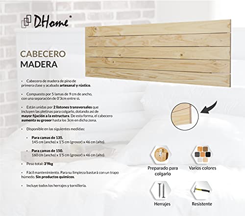 DHOME Cabecero de Madera Maciza de Pino para Pared Estilo Palet Cabezal Dormitorio Cama Palets Herrajes incluidos (145x46 Palet 5, Crudo)