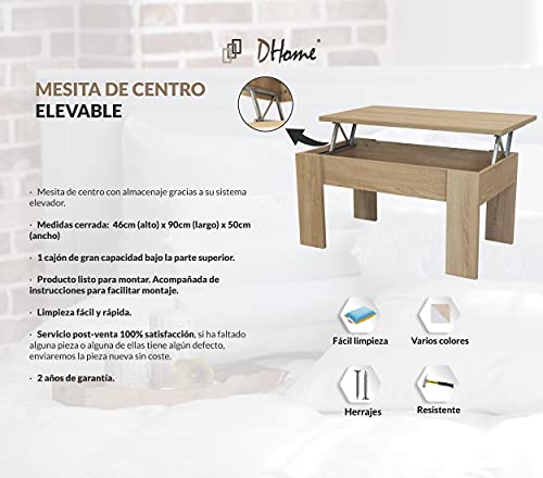 DHOME Mesa Centro elevable Salon o Comedor, mesilla café, mesita Madera con acabdo Blanco Roble Cambrian (Cambrian, Mod. 4 Patas)