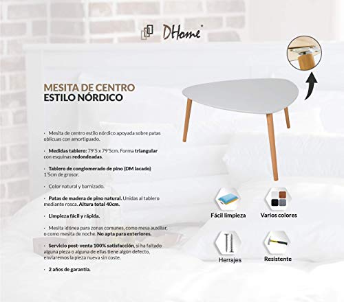 DHOME Mesa de Café, Mesa de Centro Estilo NORDICO mesita Auxiliar con Patas de Madera Maciza de Pino Amplia, mesilla para salón Minimalista escandinavo (Triangular, Blanco)