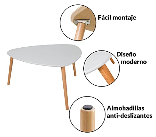 DHOME Mesa de Café, Mesa de Centro Estilo NORDICO mesita Auxiliar con Patas de Madera Maciza de Pino Amplia, mesilla para salón Minimalista escandinavo (Triangular, Blanco)