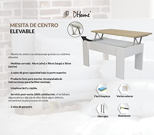 DHOME Mesa mesilla Centro elevable Auxiliar, mesita Madera salón Comedor Blanco Roble Cambrian (Mod. 4 Patas, Blanco/Cambrian)