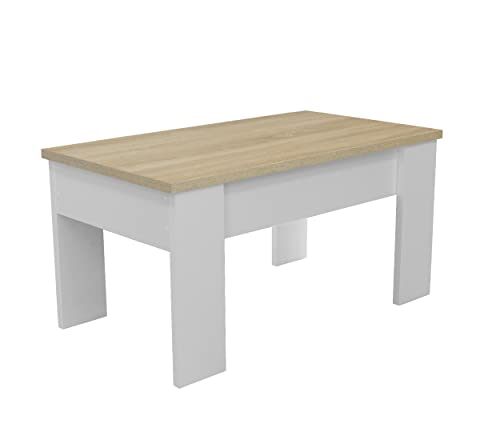 DHOME Mesa mesilla Centro elevable Auxiliar, mesita Madera salón Comedor Blanco Roble Cambrian (Mod. 4 Patas, Blanco/Cambrian)