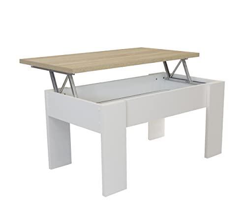 DHOME Mesa mesilla Centro elevable Auxiliar, mesita Madera salón Comedor Blanco Roble Cambrian (Mod. 4 Patas, Blanco/Cambrian)