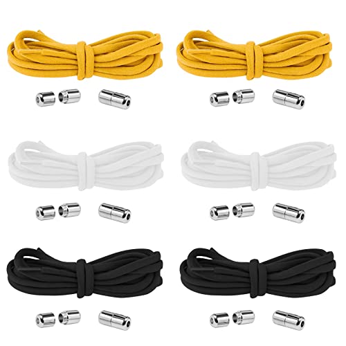 Diealles Shine Cordones Elásticos Sin Nudo, 6 Pares 105CM Cordones Elásticos Sin Nudo con Hebilla Metal, Ajustables Cordones de Zapatos Sin Nudos para Zapatillas Deportivas (Blancos,Negros,Amarillo)