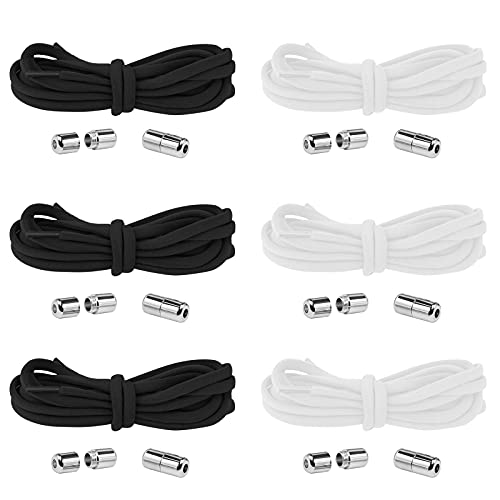 Diealles Shine Cordones Elásticos Sin Nudo, 6 Pares 105CM Cordones Elásticos Sin Nudo con Hebilla Metal, Ajustables Cordones de Zapatos Sin Nudos para Zapatillas Deportivas (Blancos,Negros)