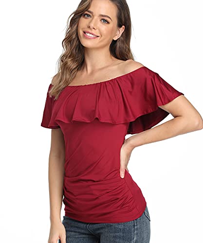 Dilgul Blusa Mujer Camiseta Elegante Verano Volante Plisado Fuera del Hombro Blusas Rojo Medium