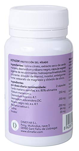 DIMEFAR - Hepadim - Complemento Alimenticio que Protege tu Hígado - Cardo Mariano + Rábano Negro + Desmodium + Colina + Inositol, 30 Cápsulas | Hígado Plantas Hepatoprotectoras