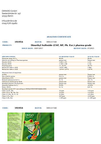 Dimetilsulfóxido (DMSO) 99,9 % de pureza farmacéutica en botella de cristal con dosificador, probado por Farmacopea Europea, sin diluir, dimetilsulfóxido fabricado en Alemania