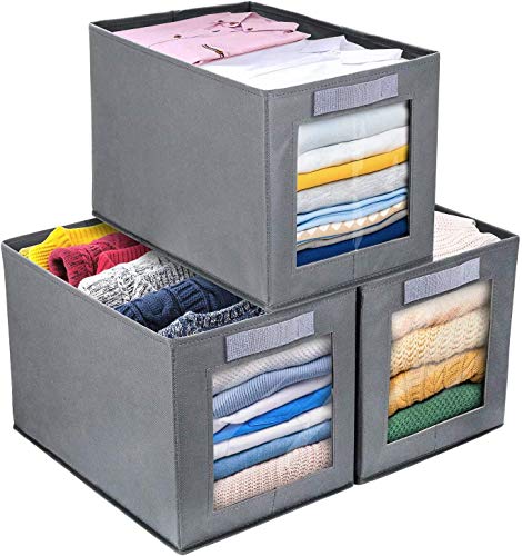 DIMJ Cajas de almacenaje Plegable, Conjunto de 3 Cajas Organizadoras Tela, Cubos de Almacenamiento con Ventana Transparente, Organizadores de Contenedore para Ropa Juguetes Libros (Gris)