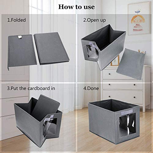 DIMJ Cajas de almacenaje Plegable, Conjunto de 3 Cajas Organizadoras Tela, Cubos de Almacenamiento con Ventana Transparente, Organizadores de Contenedore para Ropa Juguetes Libros (Gris)