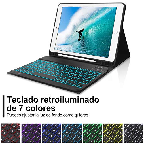 DINGRICH Funda Teclado para iPad 10.2/8 Generacion 2020/7 Generacion 2019/iPad Pro 10.5 2017/Air 3, Español Ñ 7 Colores Retroiluminados Bluetooth Inalámbrico Teclado Desmontable con Portalápiz Negro