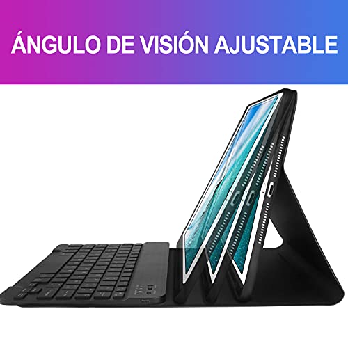 DINGRICH Funda Teclado para iPad 10.2/8 Generacion 2020/7 Generacion 2019/iPad Pro 10.5 2017/Air 3, Español Ñ 7 Colores Retroiluminados Bluetooth Inalámbrico Teclado Desmontable con Portalápiz Negro