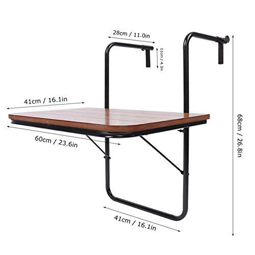 Dioche Mesa colgante de balcón, mesa de balcón plegable de MDF y hierro, mesa para colgar en la barandilla para jardín, balcón exterior, 60 x 40 x 39 cm