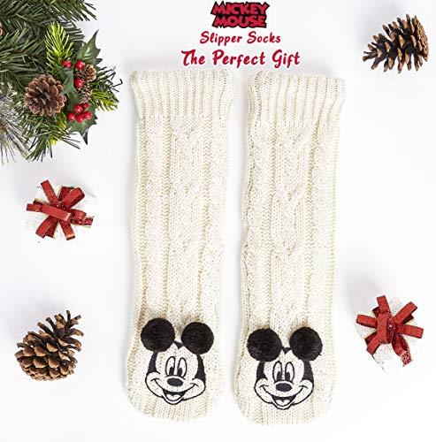 Disney Calcetines Antideslizantes Invierno Mujer Con Personajes Disney, Zapatillas de Punto Interior Forro Polar Para Estar Por Casa, Regalos Mujer(Beige)