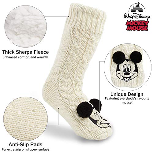 Disney Calcetines Antideslizantes Invierno Mujer Con Personajes Disney, Zapatillas de Punto Interior Forro Polar Para Estar Por Casa, Regalos Mujer(Beige)