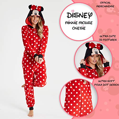 Disney Minnie Mouse Pijamas Mujer de Una Pieza, Pijama Mujer Invierno con Capucha, Pijama Entero Mujer Forro Polar, Regalos para Mujer y Adolescente Talla S-XL (Rojo, M)