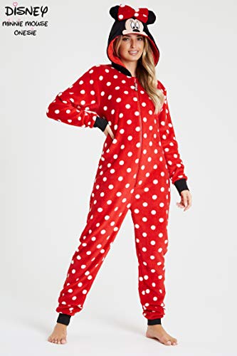 Disney Minnie Mouse Pijamas Mujer de Una Pieza, Pijama Mujer Invierno con Capucha, Pijama Entero Mujer Forro Polar, Regalos para Mujer y Adolescente Talla S-XL (Rojo, M)