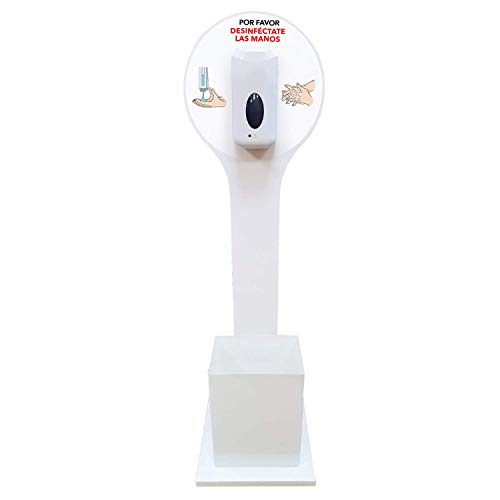 Dispensador Automático Gel Desinfectante de Manos con Sensor. Dispensador de Pie de Gel Hidroalcohólico para Comercios y Oficinas, con Cartelera Redonda y Papelera. Fabricado en España…