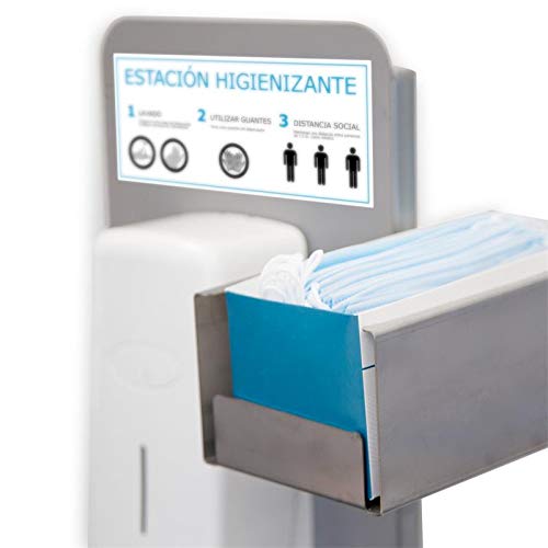 Dispensador de Pie Automático para Gel Hidroalcohólico Desinfectante de Manos para Comercios, Restaurantes, Oficinas, con Papelera y Soporte Cajetín, Acero Inoxidable, Fabricado en España, 141x25x40cm