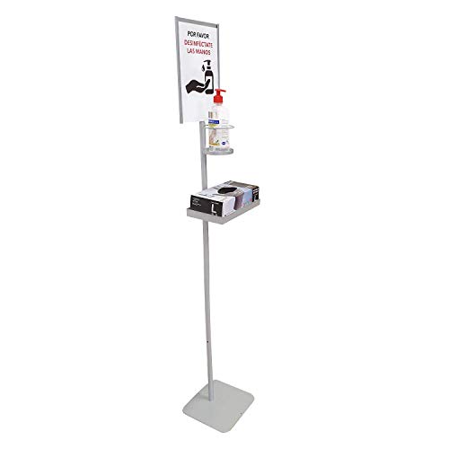 Dispensador de Pie Gel Hidroalcohólico Desinfectante de Manos para Comercios y Oficinas. 146cm. Incluye Cartela A4 y Bandeja Goteo. Dispensador de Gel Desinfectante Fabricado en España