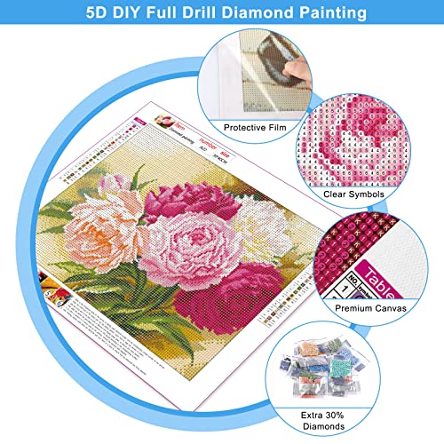 DIY 5D Kit de pintura de diamante por número, taladro completo, diseño de flores de peonía, bordado de diamantes de imitación de punto de cruz, para manualidades,lienzo decorativo para pared,30x40 cm