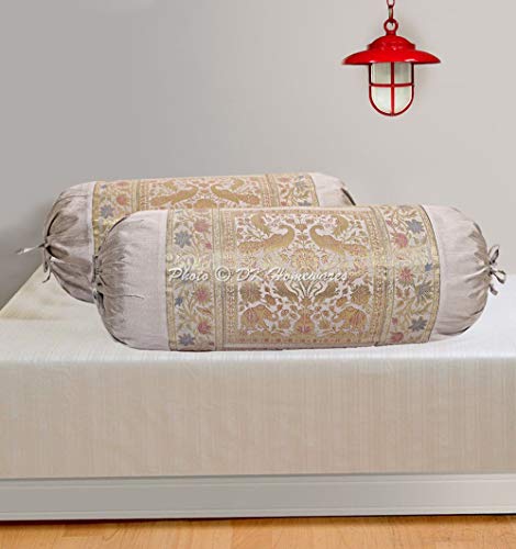 DK Homewares Indian Sofá Decoración 76X38 Cm Funda De Almohada Ortopédica Seda Brocado Pavo Real Elefante Cilíndrico Funda De Cojín Cervical (Gris ; 30 X 15 Pulgadas) -Conjunto De 2 Piezas