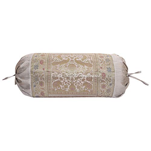 DK Homewares Indian Sofá Decoración 76X38 Cm Funda De Almohada Ortopédica Seda Brocado Pavo Real Elefante Cilíndrico Funda De Cojín Cervical (Gris ; 30 X 15 Pulgadas) -Conjunto De 2 Piezas