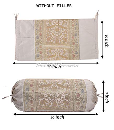 DK Homewares Indian Sofá Decoración 76X38 Cm Funda De Almohada Ortopédica Seda Brocado Pavo Real Elefante Cilíndrico Funda De Cojín Cervical (Gris ; 30 X 15 Pulgadas) -Conjunto De 2 Piezas