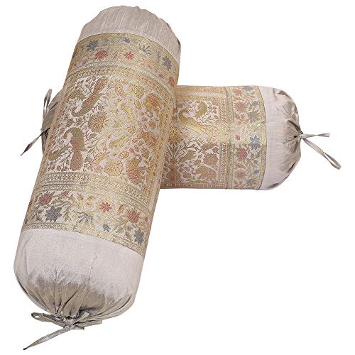 DK Homewares Indian Sofá Decoración 76X38 Cm Funda De Almohada Ortopédica Seda Brocado Pavo Real Elefante Cilíndrico Funda De Cojín Cervical (Gris ; 30 X 15 Pulgadas) -Conjunto De 2 Piezas