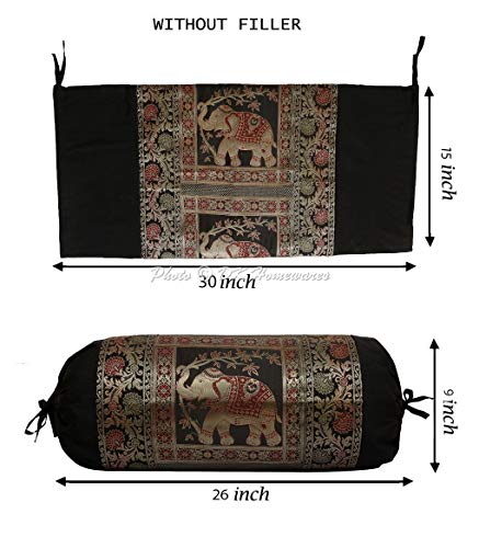 DK Homewares Indian Tradicional Casa Decoración 76X38 Cm Funda De Almohada De Meditación Seda Brocado Jacquard Floral Elefante Cilíndrico Funda De Cojín Cervical (Negro ; 30 X 15 Pulgadas) -1 Pc