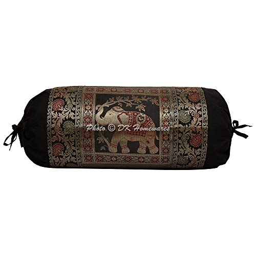 DK Homewares Indian Tradicional Casa Decoración 76X38 Cm Funda De Almohada De Meditación Seda Brocado Jacquard Floral Elefante Cilíndrico Funda De Cojín Cervical (Negro ; 30 X 15 Pulgadas) -1 Pc