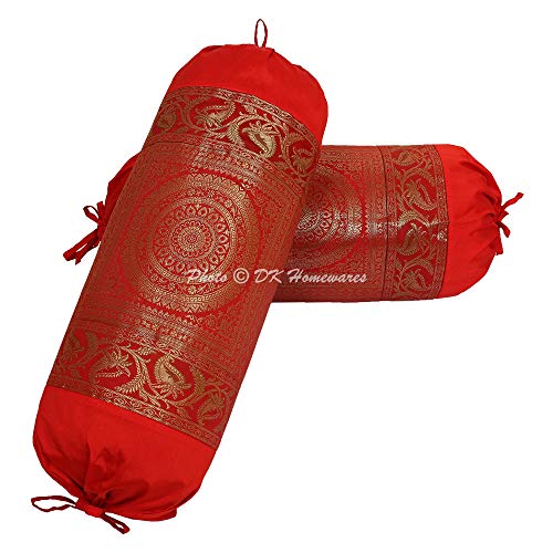 DK Homewares Indian Tradicional Sala Decoración 30 X 15 Pulgadas Abrazando Funda De Almohada Seda Brocado Floral Mandala Cilíndrico Funda De Cojín Cervical (Rojo ; 76X38 Cm) -Conjunto De 2 Piezas