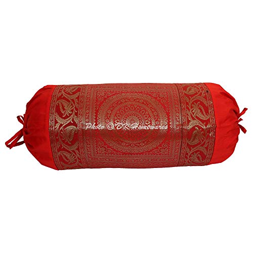 DK Homewares Indian Tradicional Sala Decoración 30 X 15 Pulgadas Abrazando Funda De Almohada Seda Brocado Floral Mandala Cilíndrico Funda De Cojín Cervical (Rojo ; 76X38 Cm) -Conjunto De 2 Piezas