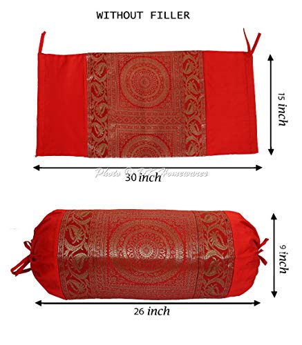 DK Homewares Indian Tradicional Sala Decoración 30 X 15 Pulgadas Abrazando Funda De Almohada Seda Brocado Floral Mandala Cilíndrico Funda De Cojín Cervical (Rojo ; 76X38 Cm) -Conjunto De 2 Piezas