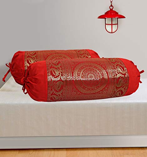 DK Homewares Indian Tradicional Sala Decoración 30 X 15 Pulgadas Abrazando Funda De Almohada Seda Brocado Floral Mandala Cilíndrico Funda De Cojín Cervical (Rojo ; 76X38 Cm) -Conjunto De 2 Piezas