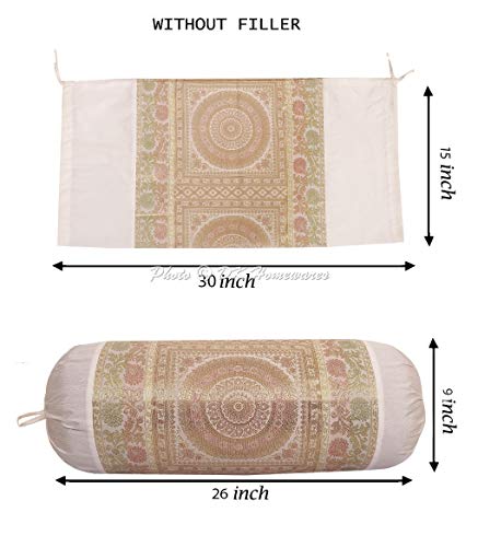 DK Homewares Tradicional Habitación De Niños Decoración 30 X 15 Pulgadas Funda De Almohada De Viaje Seda Brocado Floral Mandala Cilíndrico Funda De Cojín Cervical (Blanco ; 76 X 38 Cm) -1 Pc