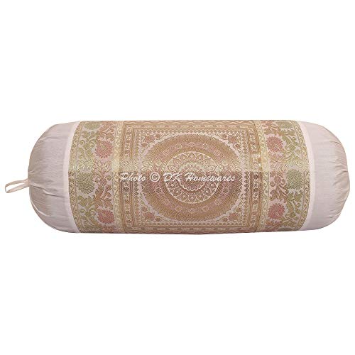 DK Homewares Tradicional Habitación De Niños Decoración 30 X 15 Pulgadas Funda De Almohada De Viaje Seda Brocado Floral Mandala Cilíndrico Funda De Cojín Cervical (Blanco ; 76 X 38 Cm) -1 Pc