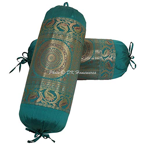 DK Homewares Traditional Sala Decoración 76X38 Cm Funda De Almohada Ortopédica Seda Brocado Floral Mandala Cilíndrico Funda De Cojín De Cuello (Verde ; 30 X 15 Pulgadas) -Conjunto De 2 Piezas