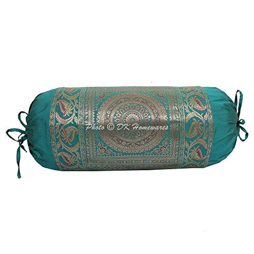 DK Homewares Traditional Sala Decoración 76X38 Cm Funda De Almohada Ortopédica Seda Brocado Floral Mandala Cilíndrico Funda De Cojín De Cuello (Verde ; 30 X 15 Pulgadas) -Conjunto De 2 Piezas