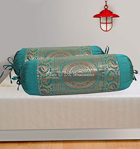 DK Homewares Traditional Sala Decoración 76X38 Cm Funda De Almohada Ortopédica Seda Brocado Floral Mandala Cilíndrico Funda De Cojín De Cuello (Verde ; 30 X 15 Pulgadas) -Conjunto De 2 Piezas