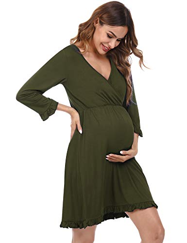 Doaraha Camisón Lactancia Algodón Mujer Ropa de Dormir Premamá Hospital Vestido de Maternidad Embarazo Pijama Embarazadas Camisones Embarazada Manga Corta 3/4 Suave (A# Verde - Manga 3/4, S)