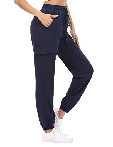 Doaraha Pantalones Deportivos Mujer Algodón Pantalón de Chándal Elásticos Transpirables con Bolsillos Laterales para Deporte Gimnasio Fitness Correr (934# Azul Marino, XL)