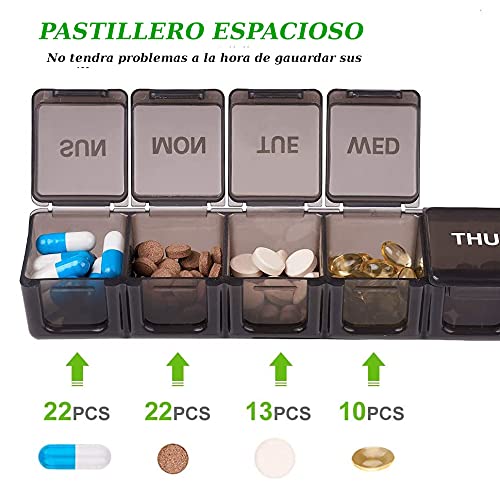 DOIMGITO/Pastillero XL semanal (NEGRO) + Pastillero portátil / 7 Días XL Grande Organizador de Medicamentos 1 toma diaria con 7 Compartimentos/Pastillero llavero, Pastillero de Bolsillo Diario