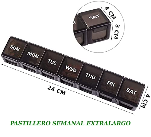 DOIMGITO/Pastillero XL semanal (NEGRO) + Pastillero portátil / 7 Días XL Grande Organizador de Medicamentos 1 toma diaria con 7 Compartimentos/Pastillero llavero, Pastillero de Bolsillo Diario