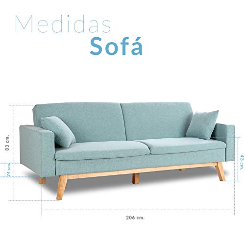 Don Descanso, Sofá Cama 3 plazas Reine, Tapizado en Tela, Color Verde Menta, Sistema Apertura de Libro o Clic-clac, Medida sofá: 206x74x83 cm, Medida Cama: 206x99x83 cm, Incluye 2 Cojines