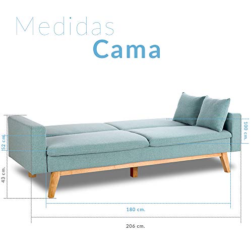 Don Descanso, Sofá Cama 3 plazas Reine, Tapizado en Tela, Color Verde Menta, Sistema Apertura de Libro o Clic-clac, Medida sofá: 206x74x83 cm, Medida Cama: 206x99x83 cm, Incluye 2 Cojines