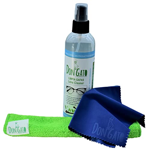 Don Gato - Liquido Limpiador en Spray para Gafas y Lentes (250 ml) + 2 paños de Micro Fibra. Fabricado en España con Productos Naturales, sin Alcohol, sin amoniaco.