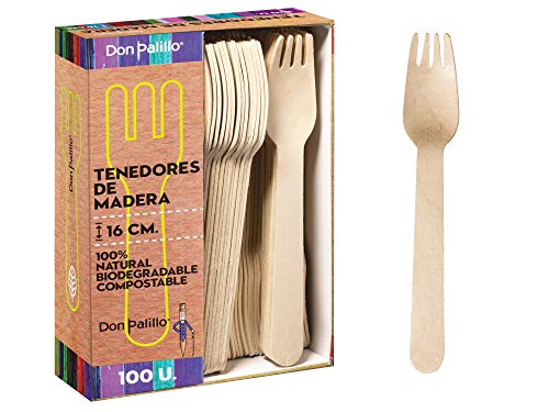 Don Palillo - 100 Tenedores de Madera Desechables, 16 cm. 100% Natural, ecológico, Biodegradable