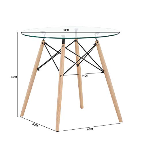 DORAFAIR Mesa de Comedor de Cristal Templado,Mesa Redonda de Cocina o Café Moderna Nórdica Patas de Madera