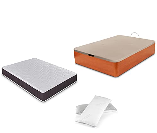 DORMIDAN - Pack de canapé abatible de Gran Capacidad + colchón viscoelástico + Almohada visco Copos de Regalo (150_x_190_cm, Cerezo)